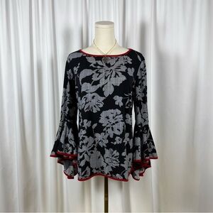 Coco Bianco Black and Gray Floral Bell-Sleeve Top with Red Trim